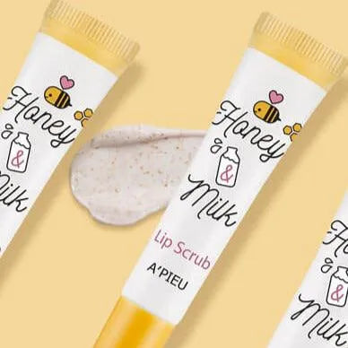 A'PIEU Honey & Milk Lip Scrub tubes with creamy Korean skincare product, Me Time Groningen.