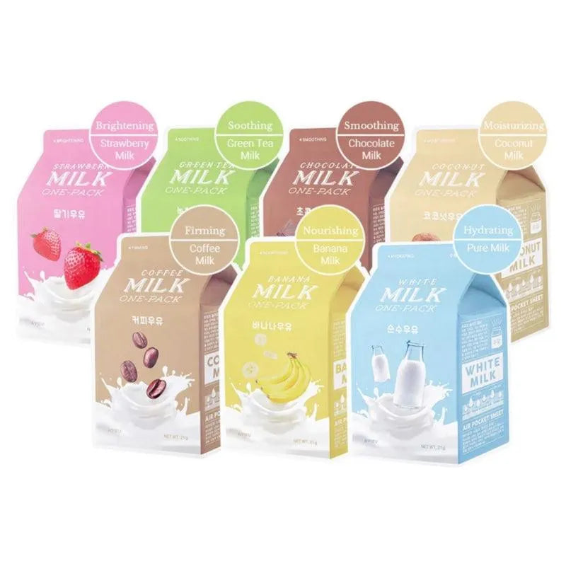 A'Pieu Milk One Pack Mask Korean skincare masks in colorful milk-themed cartons from Me Time Groningen.