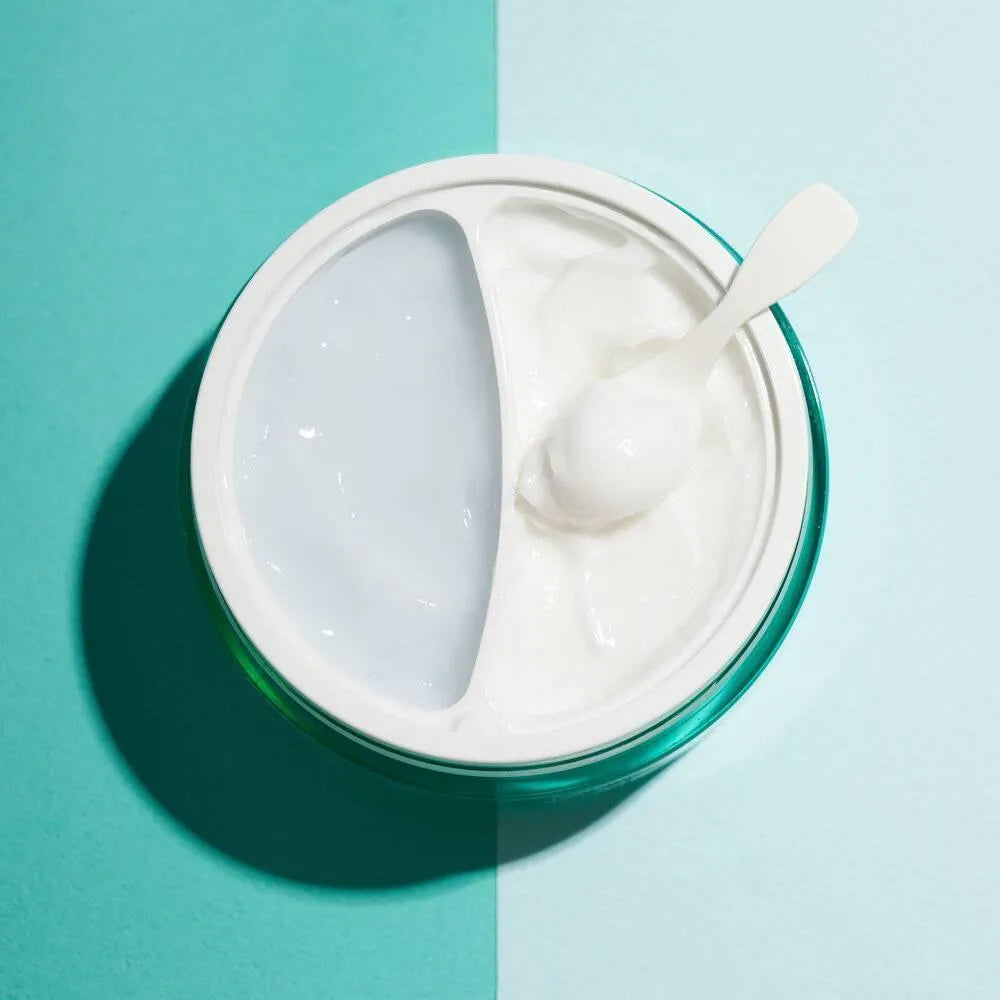 Axis-Y Cera-Heart My Type Duo Cream open jar with spatula on mint background, Korean skincare