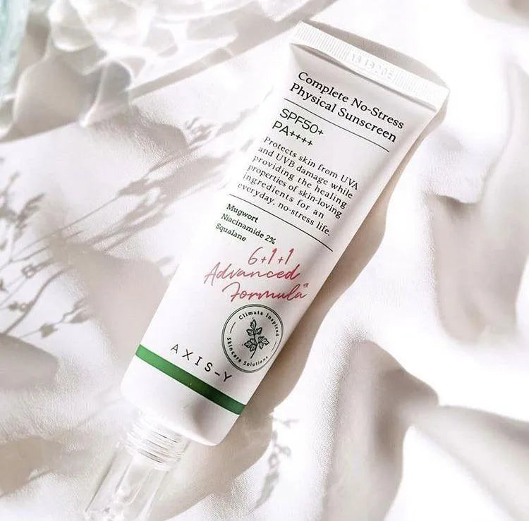 AXIS-Y Complete No-Stress Physical Sunscreen SPF50+ PA++++ Korean skincare tube on white sheet