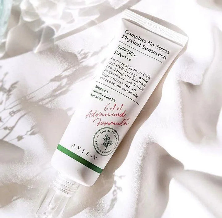 AXIS-Y Complete No-Stress Physical Sunscreen SPF50+ PA++++ Korean skincare tube on white sheet