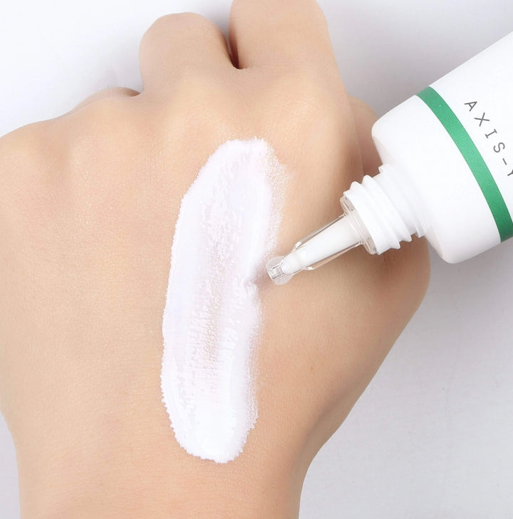 Axis-Y Complete No-Stress Physical Sunscreen swatched on hand, Korean skincare product