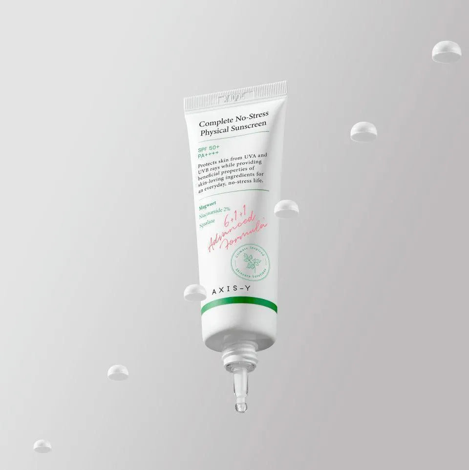 AXIS-Y Complete No-Stress Physical Sunscreen tube with SPF 50+ on a light background, Korean skincare Me Time Groningen
