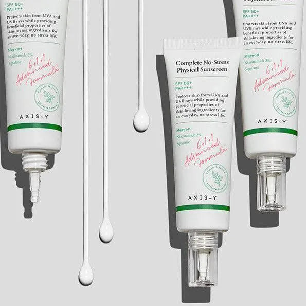 Axis-Y Complete No-Stress Physical Sunscreen tubes with product swatches, Korean skincare Nederland