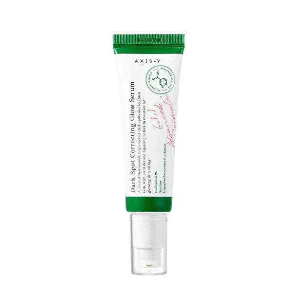 AXIS-Y Dark Spot Correcting Glow Serum tube, Korean skincare, white and green packaging