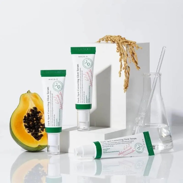 AXIS-Y Dark Spot Correcting Glow Serum tubes with papaya and rice, Korean skincare product