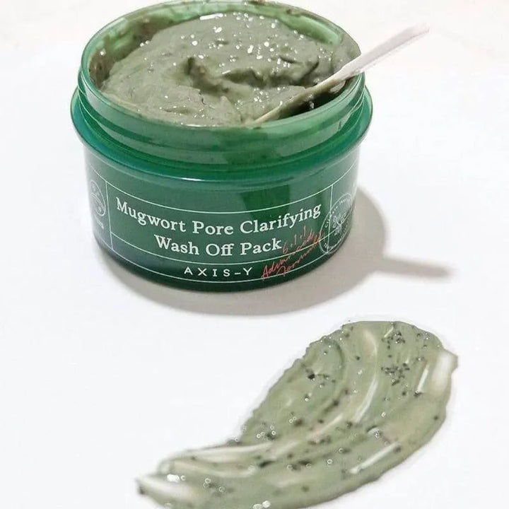 AXIS-Y Mugwort Pore Clarifying Wash Off Pack Korean skincare green jar with mask applied