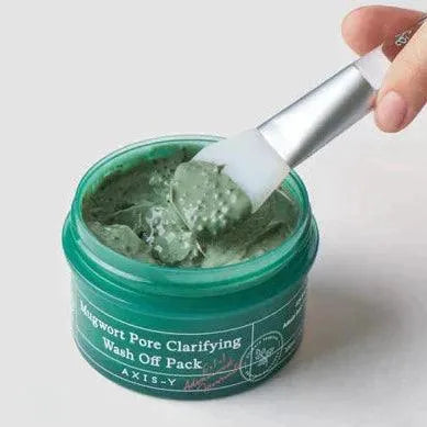 Axis-Y Mugwort Pore Clarifying Wash Off Pack open jar with spatula, Korean skincare Nederland