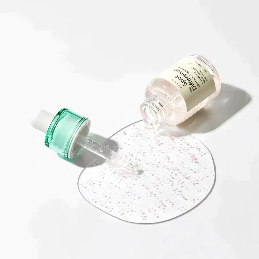 Axis-Y Spot The Difference Blemish Treatment serum bottle and dropper on white background
