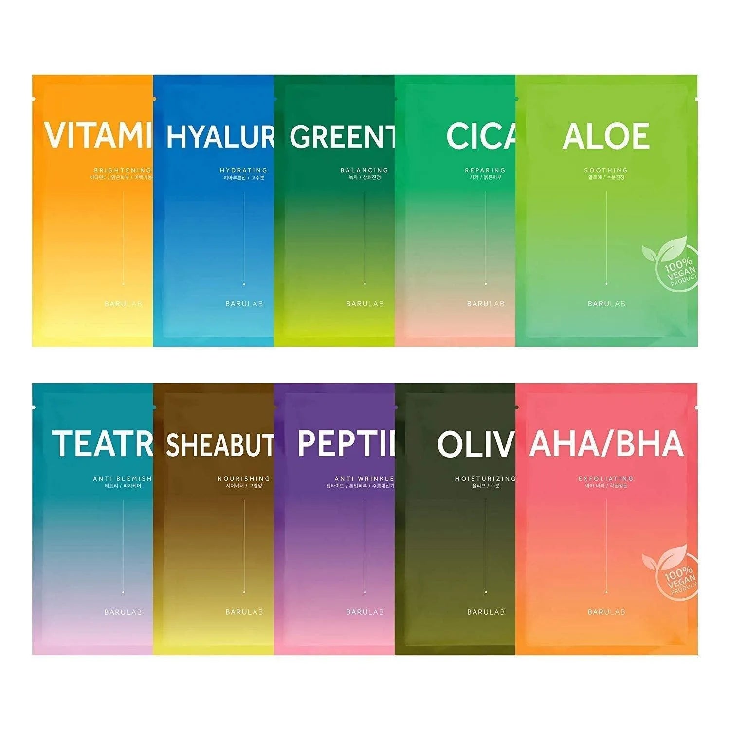 Barulab The Clean Vegan Mask variety pack, colorful Korean skincare sheet masks at Me Time Groningen