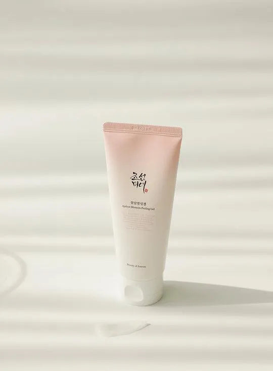 Beauty of Joseon Apricot Blossom Peeling Gel tube on a white surface, Korean skincare