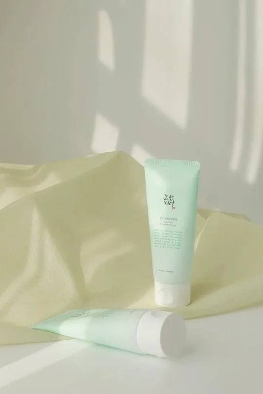 Beauty of Joseon Green Plum Refreshing Cleanser, mint tubes on soft fabric, Korean skincare