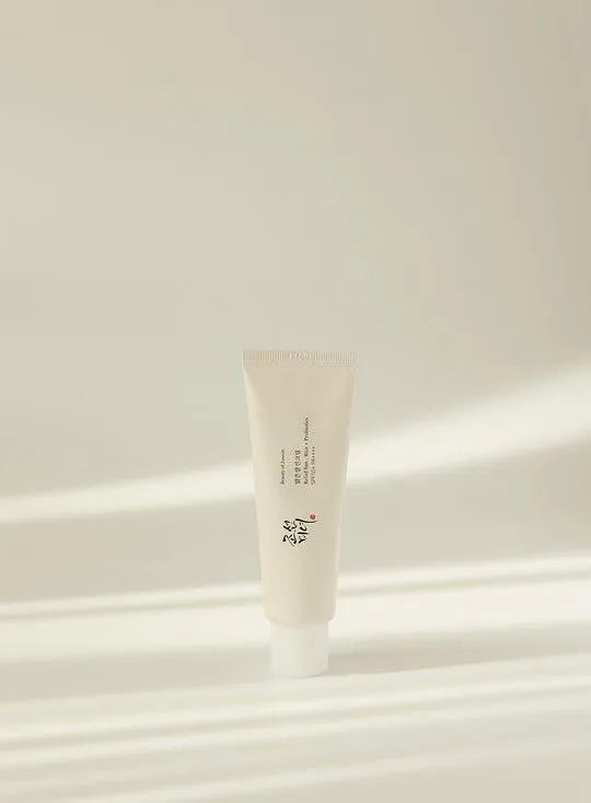 Beauty of Joseon Relief Sun Rice Probiotics SPF50 PA+ Korean sunscreen tube on neutral background