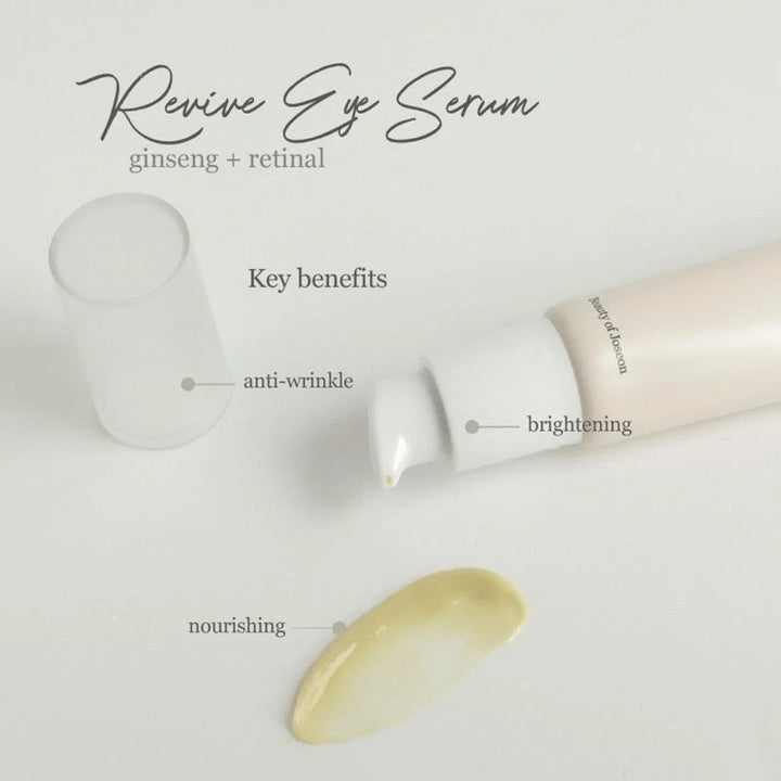 Beauty of Joseon Revive Eye Serum with ginseng and retinal, shown with creamy texture, highlighting anti-wrinkle, brightening, and nourishing benefits, Korean skincare at Me Time Groningen.
