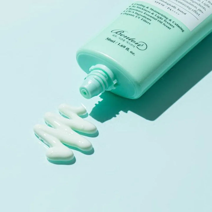 Benton Air Fit UV Defense Sun Cream tube with cream on light blue background, Korean skincare Nederland