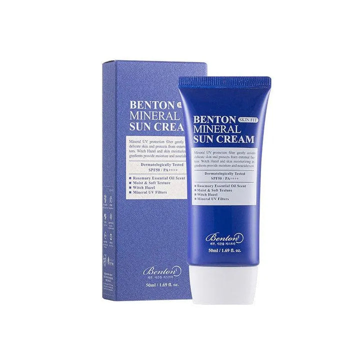 Benton Skin Fit Mineral Sun Cream SPF50 in blue tube and box, Korean skincare Nederland product