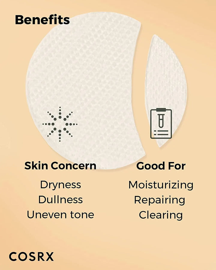 COSRX Advanced Snail Hydrogel Eye Patch benefits infographic for dryness, dullness, uneven tone; highlights moisturizing, repairing, clearing, Korean skincare at Me Time Groningen.