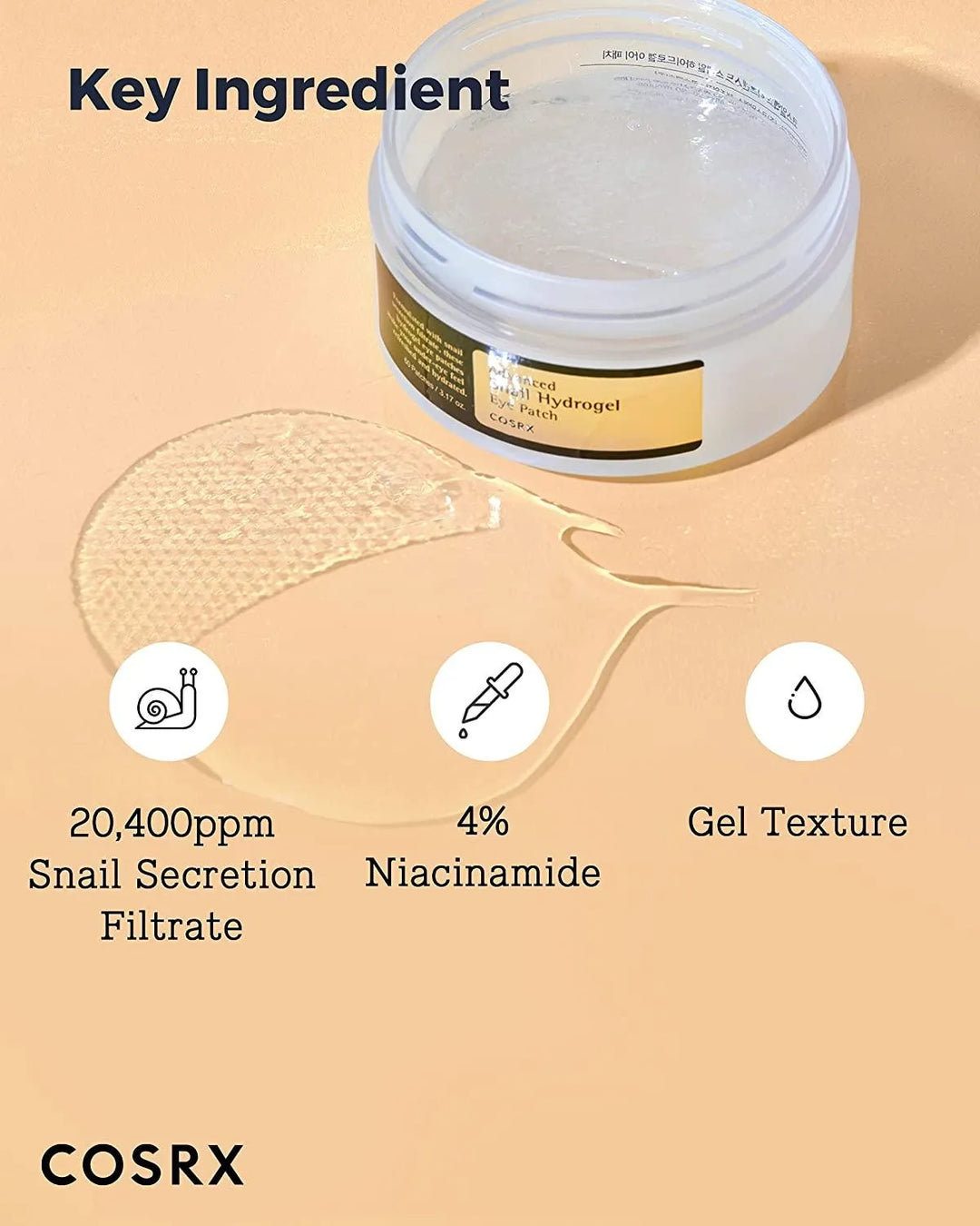 COSRX Advanced Snail Hydrogel Eye Patch, Korean skincare, gel texture jar and key ingredients labels.