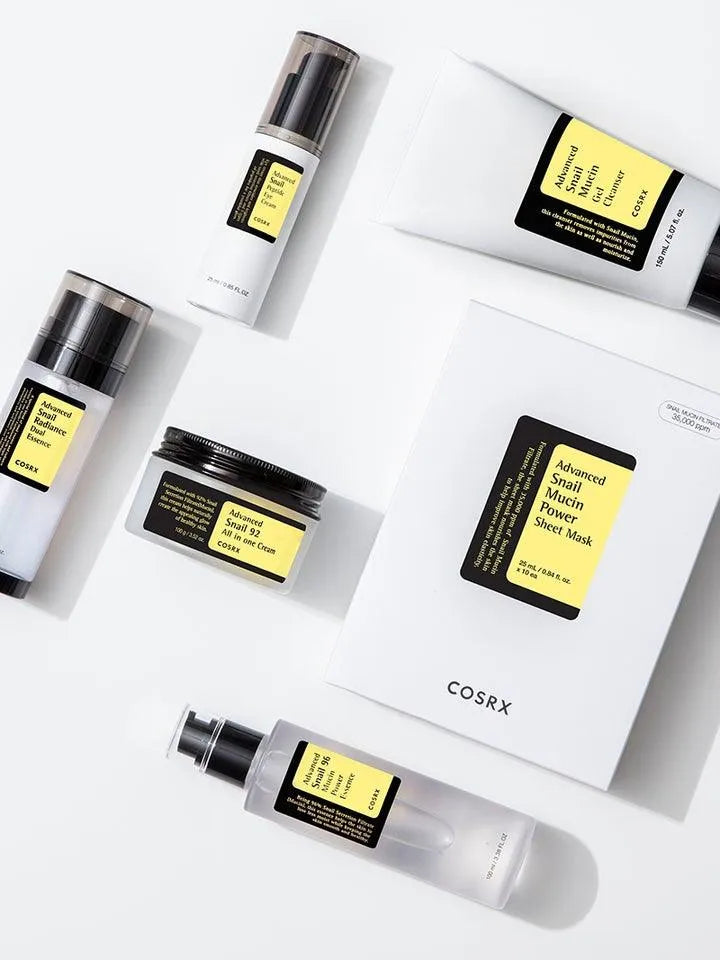 COSRX Advanced Snail Mucin skincare products on white background, Korean skincare at Me Time Groningen.