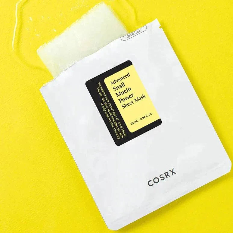 COSRX Advanced Snail Mucin Power Sheet Mask on yellow background, Korean skincare at Me Time Groningen