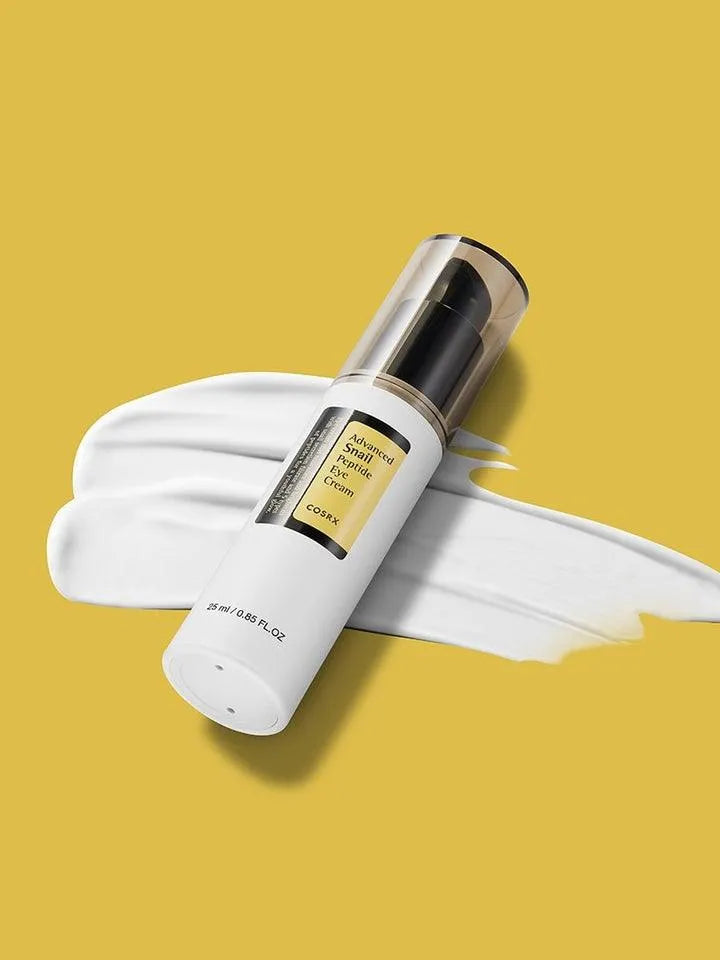 COSRX Advanced Snail Peptide Eye Cream on yellow background, Korean skincare Nederland