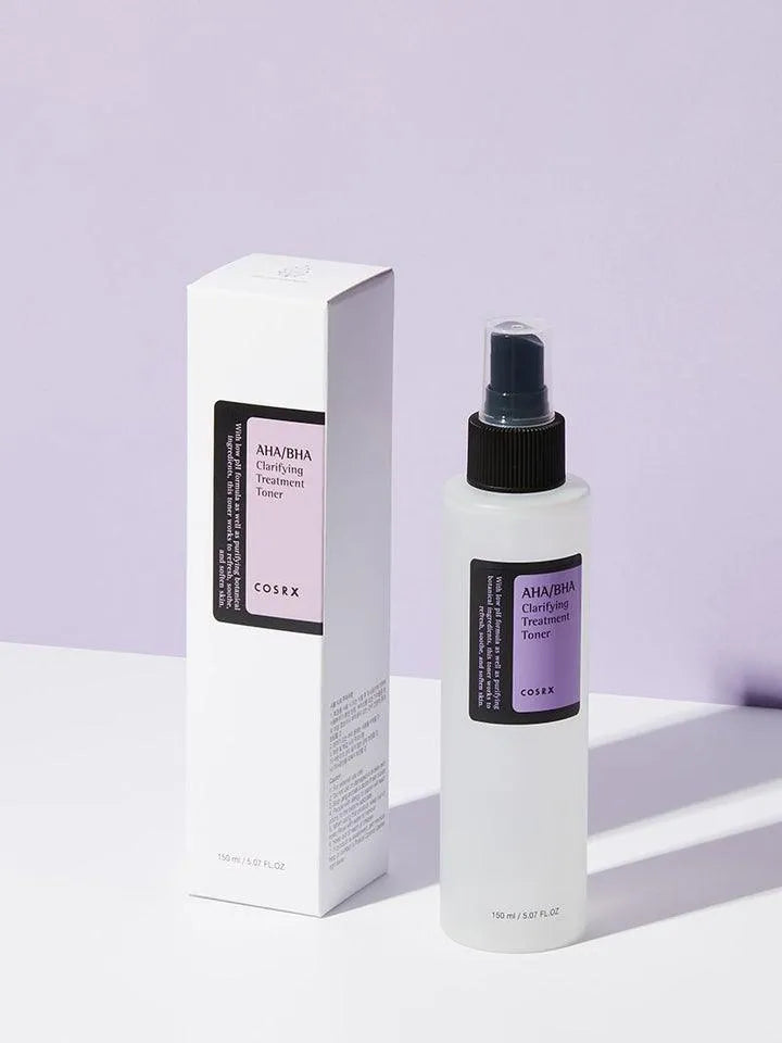COSRX AHA/BHA Clarifying Treatment Toner bottle and box on light purple background, Korean skincare