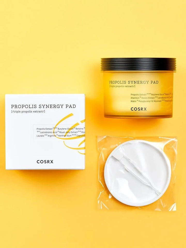 COSRX Propolis Synergy Pad Korean skincare set on yellow background, Me Time Groningen