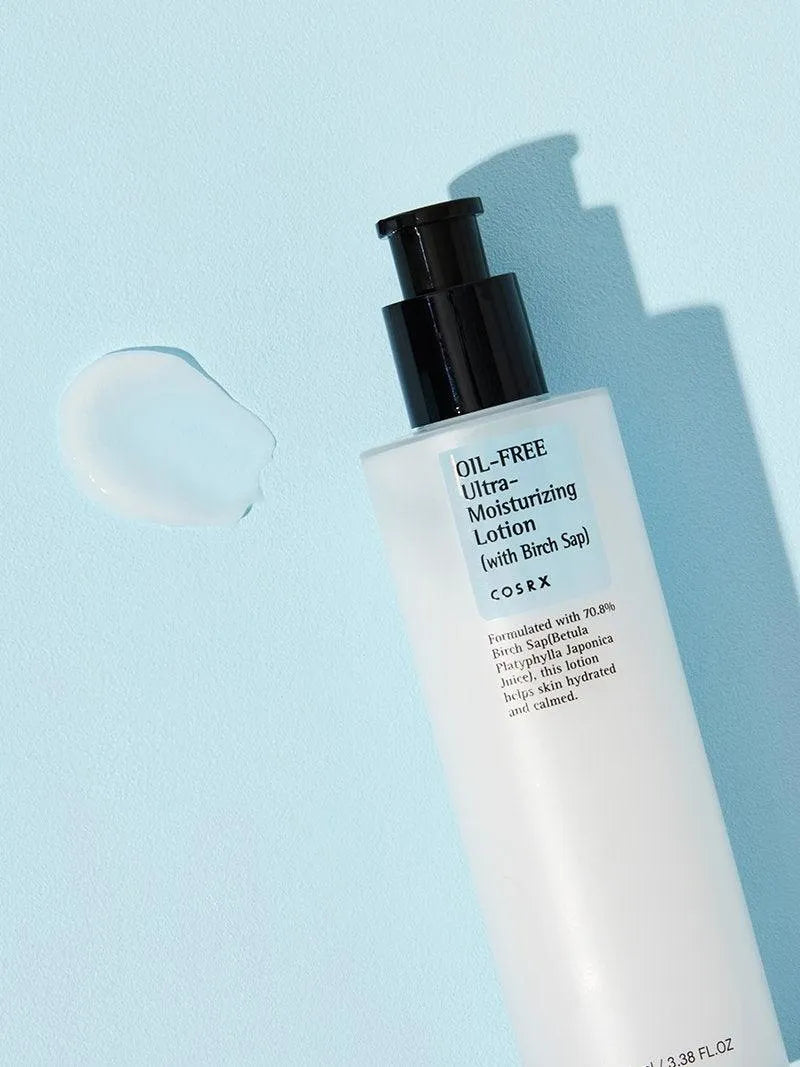 COSRX Oil-Free Ultra-Moisturizing Lotion bottle on light blue background, Korean skincare product at Me Time Groningen.