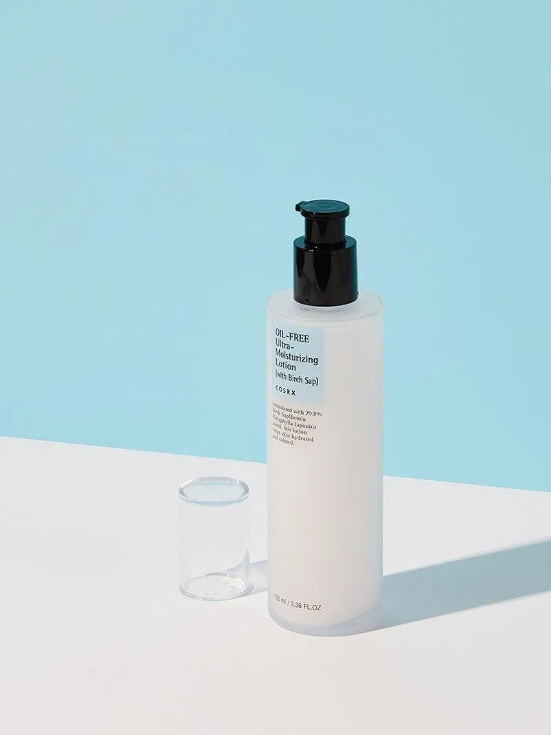 COSRX Oil-Free Ultra-Moisturizing Lotion bottle on blue and white background, Korean skincare