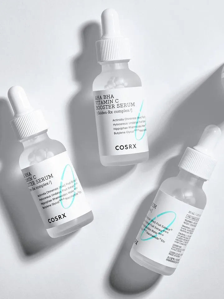 COSRX AHA BHA Vitamin C Booster Serum bottles on white background, Korean skincare product