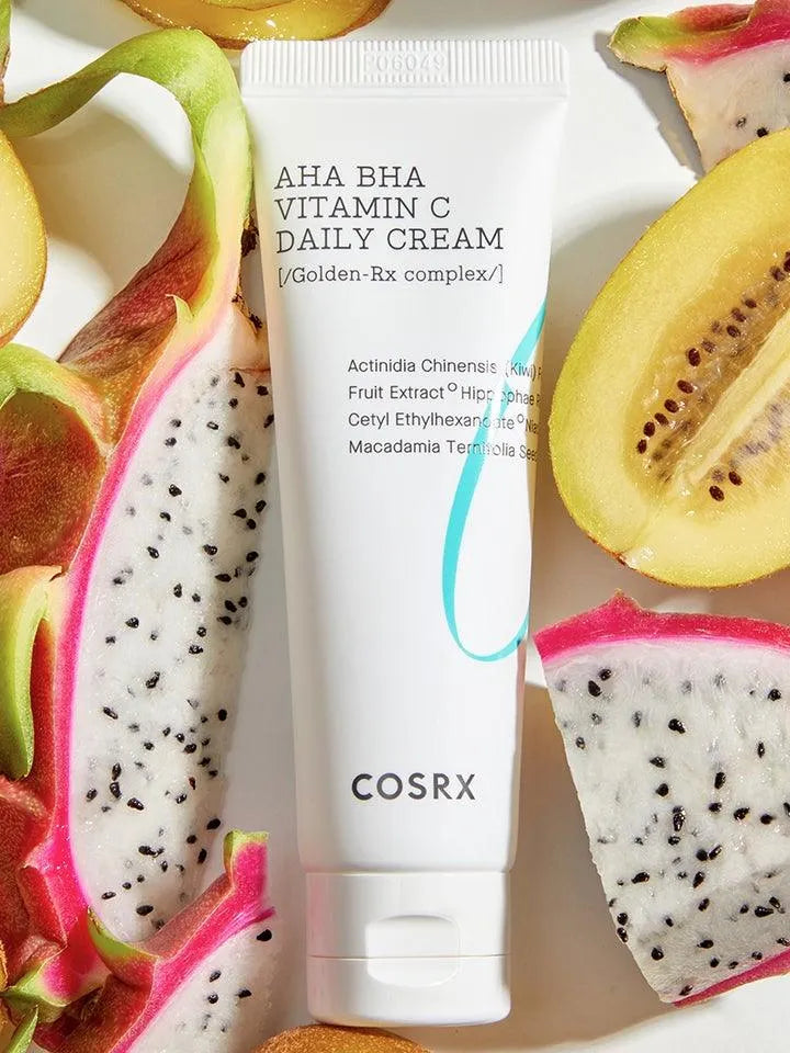 COSRX AHA BHA Vitamin C Daily Cream tube with fresh dragon fruit slices, Korean skincare