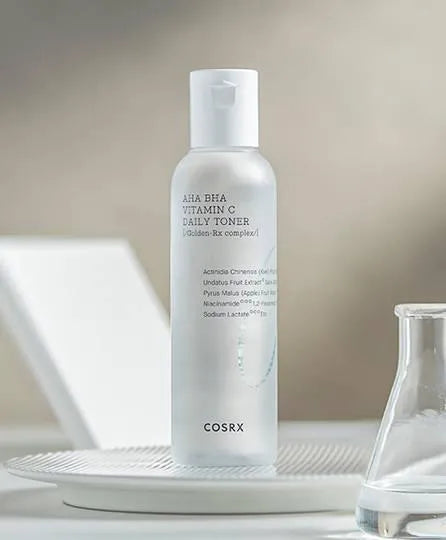 COSRX AHA BHA Vitamin C Daily Toner bottle on white tray, Korean skincare Me Time Groningen