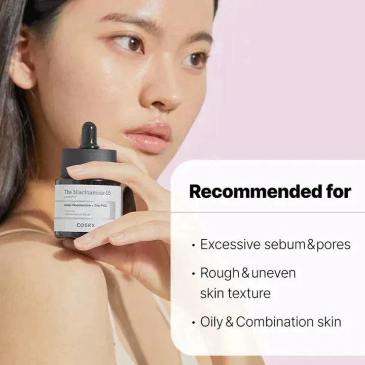 Woman holding COSRX The Niacinamide 15 Serum, Korean skincare for oily and combination skin