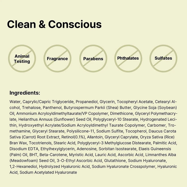 COSRX The Retinol 0.1 Cream clean formula list, free from animal testing, fragrance, parabens, phthalates, and sulfates, ingredients shown, Korean skincare at Me Time Groningen