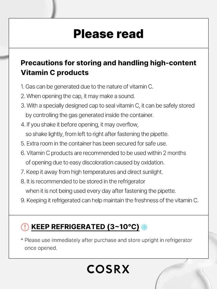 COSRX Vitamin C skincare precautions and refrigeration instructions on product insert, Me Time Groningen.