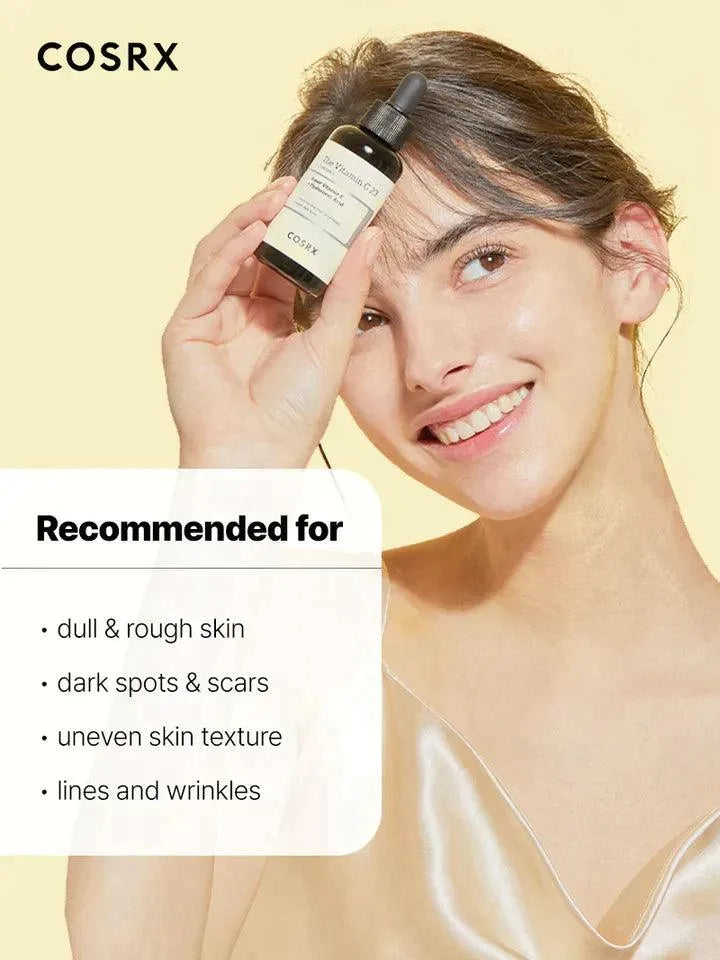 Woman holding COSRX The Vitamin C 23 serum, recommended for dull skin, at Me Time Groningen