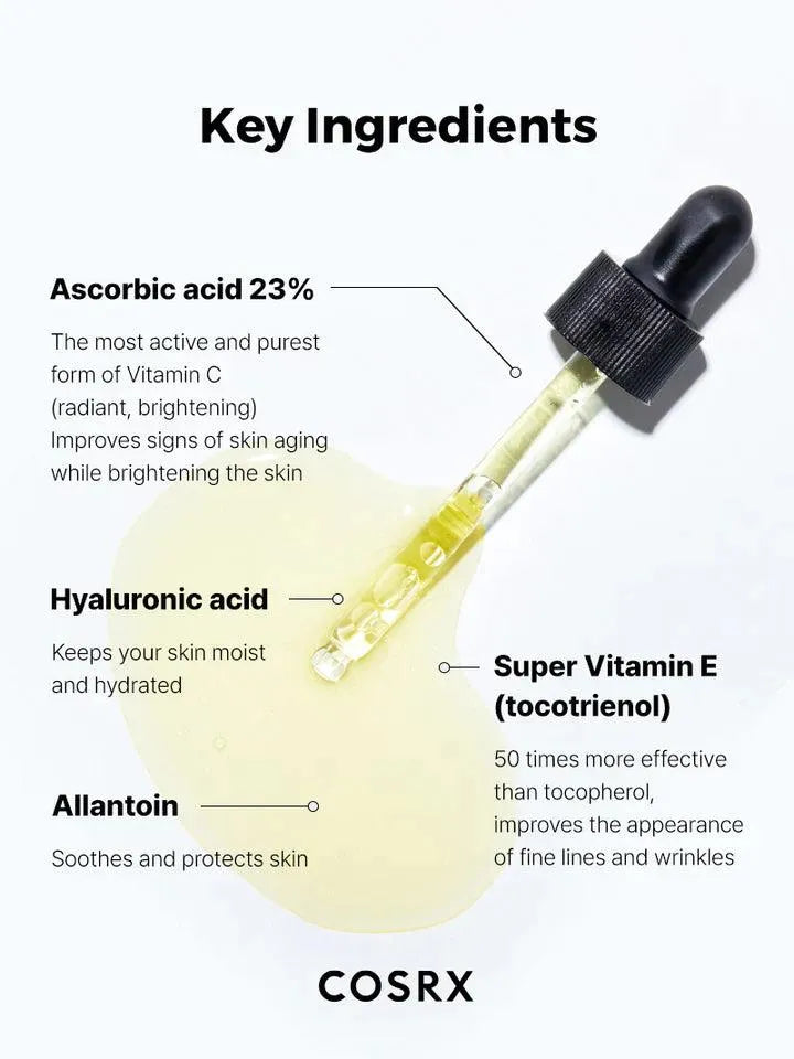 COSRX Vitamin C 23 serum dropper with key ingredients listed, Korean skincare, Me Time Groningen