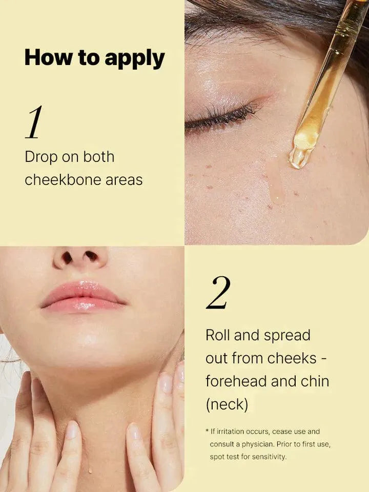 How to apply COSRX The Vitamin C 23 serum on cheekbones, spreading to forehead and chin, Korean skincare instructions from Me Time Groningen.