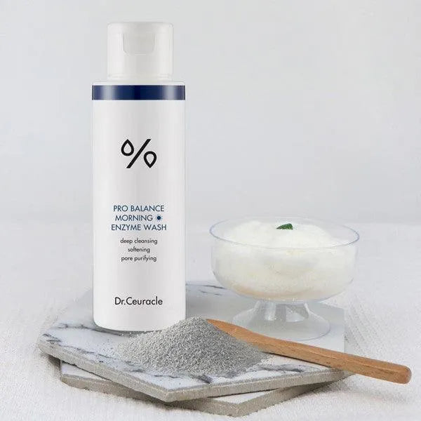 Dr. Ceuracle Pro Balance Morning Enzyme Wash with powder and foam on marble, Korean skincare Nederland at Me Time Groningen