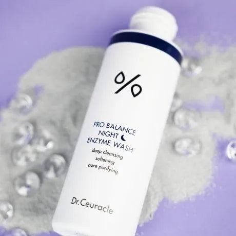 Dr. Ceuracle Pro Balance Night Enzyme Wash Korean skincare bottle on purple background with crystals