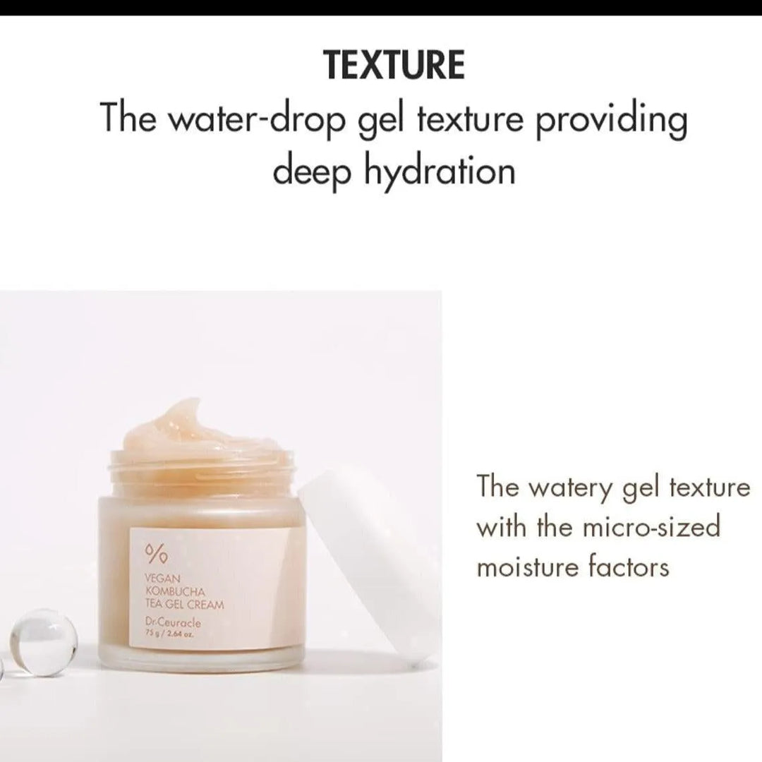 Dr. Ceuracle Vegan Kombucha Tea Gel Cream jar open on white background, Korean skincare product