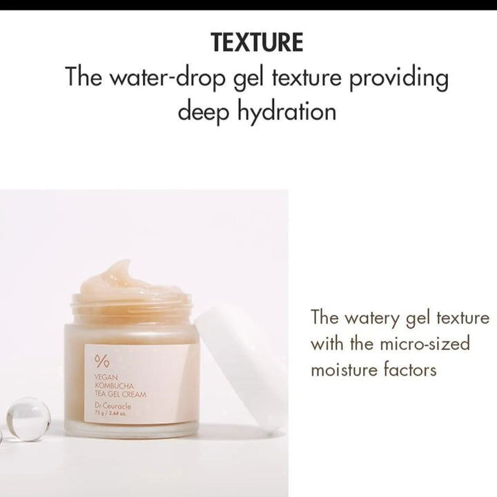 Dr. Ceuracle Vegan Kombucha Tea Gel Cream jar open on white background, Korean skincare product