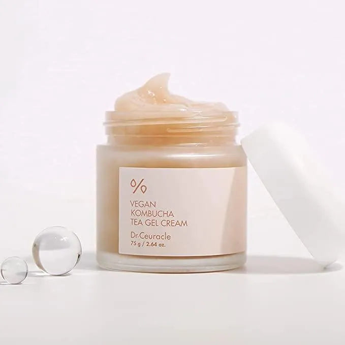 Dr. Ceuracle Vegan Kombucha Tea Gel Cream in glass jar on white background, Korean skincare
