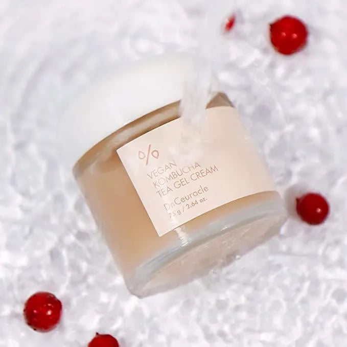 Dr. Ceuracle Vegan Kombucha Tea Gel Cream on ice with red berries, Korean skincare product
