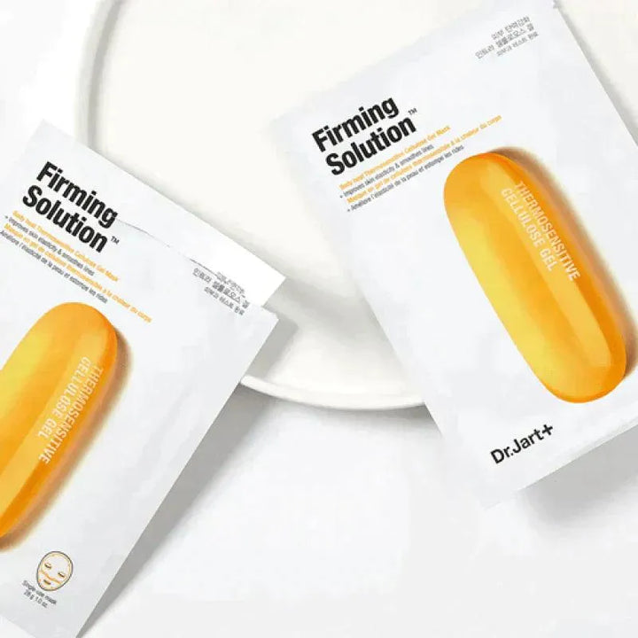 Dr.Jart+ Firming Solution Korean sheet masks on white surface, skincare at Me Time Groningen