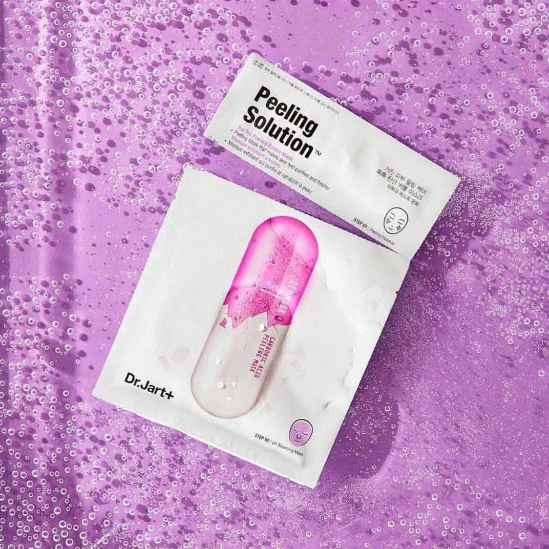Dr. Jart Dermask Ultra Jet Peeling Solution set on a purple bubbly background, Korean skincare