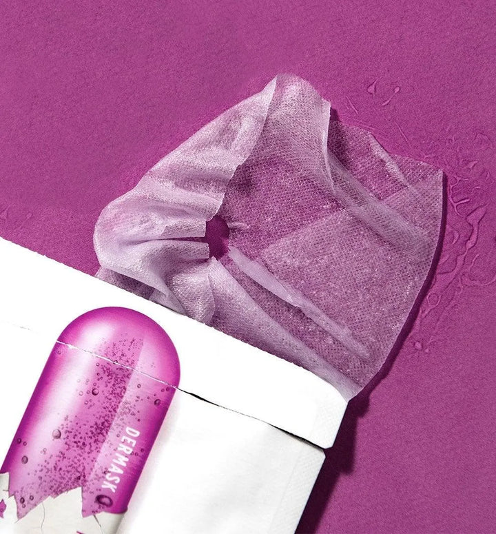 Dr. Jart Dermask Ultra Jet Peeling Solution sheet mask on purple background, Korean skincare