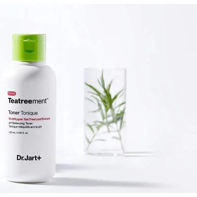Dr.Jart+ Teatreement Toner bottle with green cap, Korean skincare product, white background