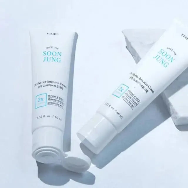 Etude House Soon Jung 2x Barrier Intensive Cream tubes on white background, Korean skincare