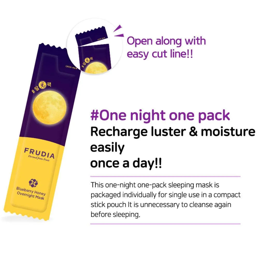 Frudia Blueberry Honey Overnight Mask single-use pack with cut line, Korean skincare at Me Time Groningen